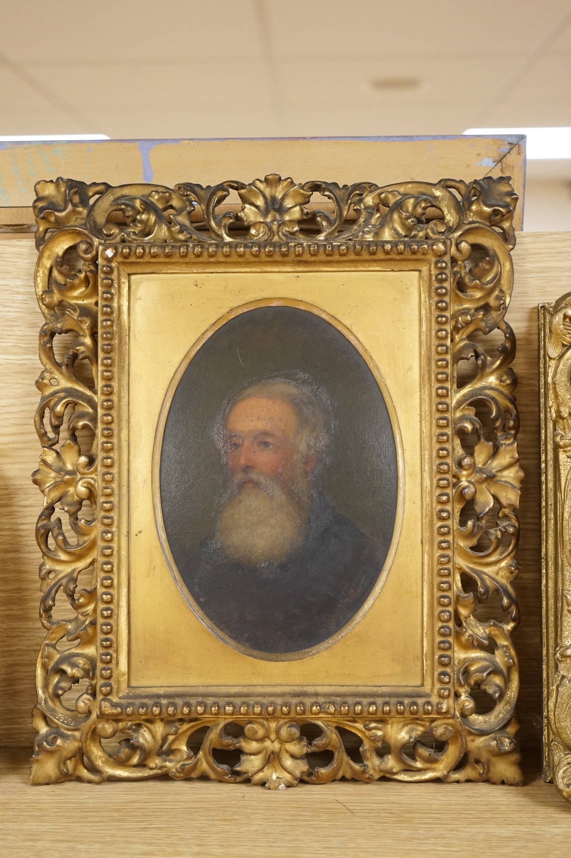 19th century, oval oil on board, portrait of a bearded gentleman, ornate gilt framed, 21 x 14cm